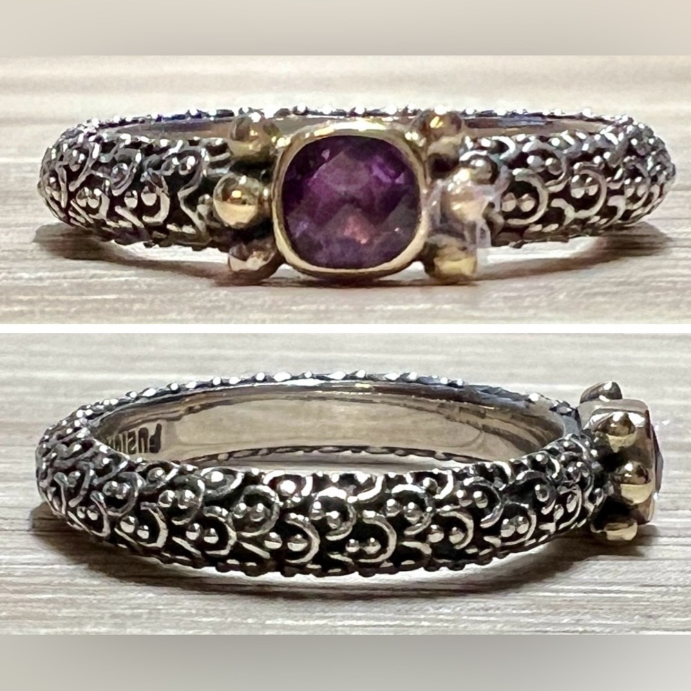 Designer Sara Blaine Sterling Silver & 18k Gold Amethyst Eternity Ring, Size 6.5